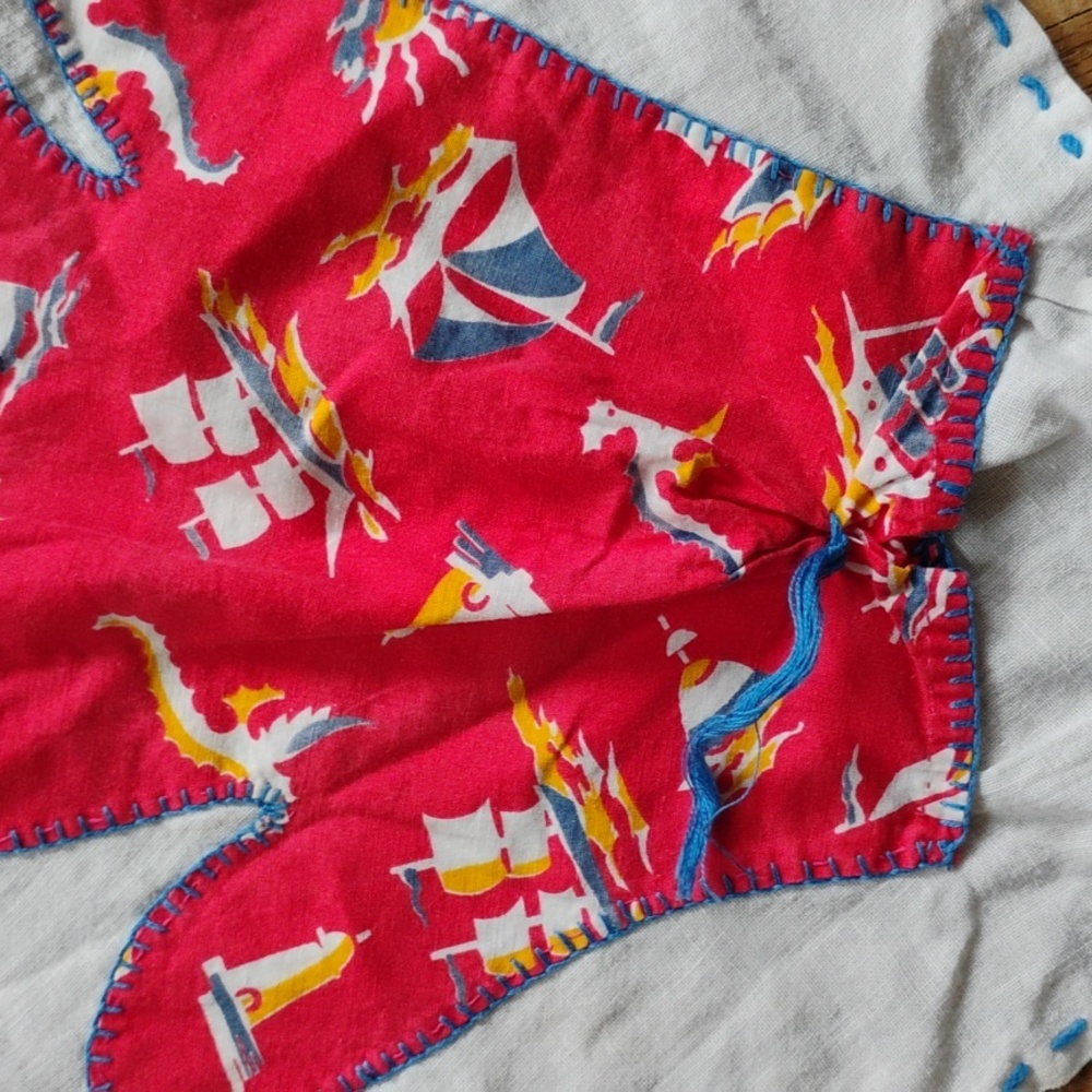 Vintage Dish Towel Nautical HAND Approx Square 21 " COTTON  as Is w/Spots